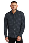 Modern moisture-wicking long sleeve shirt with a curved shirt tail hem and button-down collar