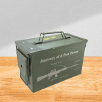 Front and side view of an olive drab 50 Caliber military surplus ammo can with a closed lid and carry handle