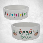 White sublimatable ceramic pet bowls personalized with full color design