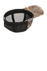 Structured camouflage snapback cap with poly/spandex front and polyester mesh back panels.
