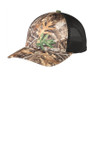Camouflage snapback cap with moisture-wicking poly/spandex front and breathable mesh back.