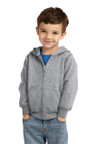 Port & Company® Toddler Core Fleece Full-Zip Hooded Sweatshirt made from 7.8-ounce, 50/50 cotton/poly fleece for warmth and durability.
