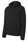 Port Authority® Active Hooded Soft Shell Jacket with three-panel hood and adjustable locking drawcord.