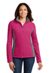Colorblocked fleece jacket with knotted zipper pulls, chin guard, and front zippered pockets.