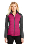Hybrid jacket, nylon woven overlays and interior storm flap for comfort