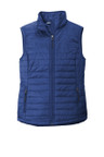 Packable puffy vest with water-repellent fabric and polyfill insulation for warmth