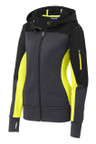 Ladies' colorblock fleece jacket with thumbholes, princess seams, and front pockets
