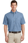 Short-sleeve denim shirt with sturdy construction and soft garment washing.