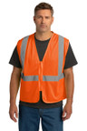 Mesh vest with secure zip closure and reflective tape for safety and breathability on the job.