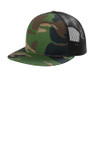 Structured flat bill trucker cap with cotton twill front panels and polyester mesh back.