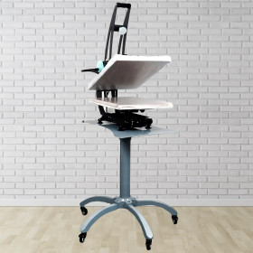 Heat Press Caddie Stand with a 16 x 20 heat press on it against a brick wall