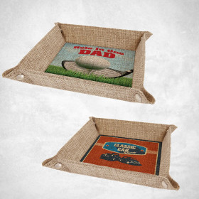 Sublimatable burlap snap-up tray in rustic burlap color and bright designs