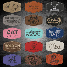 Engraved hex Leatherette Adhesive Patch in multiple colors, compatible with laser and UV printing.