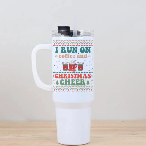 White 40oz mug with clear straw, sublimated with Holiday Design