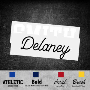 Custom Printed DTF Names mockup with font and color options