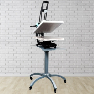 Heat Press Caddie Stand with a 16 x 20 heat press on it against a brick wall 