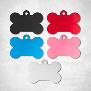 Bone-shaped anodized aluminum pet tags displayed in black, red, blue, pink, purple, and silver colors Bone-shaped anodized aluminum pet tags displayed in black, red, blue, pink, purple, and silver colors
