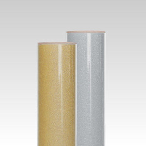 Rolls of GlitterFlex Light HTV featuring a sticky carrier for easy repositioning during application.