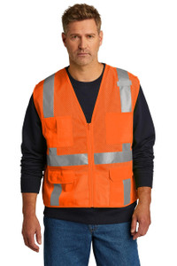 Breathable mesh vest with six pockets and reflective tape, meeting ANSI 107 Class 2 safety standards. Breathable mesh vest with six pockets and reflective tape, meeting ANSI 107 Class 2 safety standards.