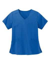 Women's Premiere Flex™ mock wrap top with poly/rayon/spandex blend.