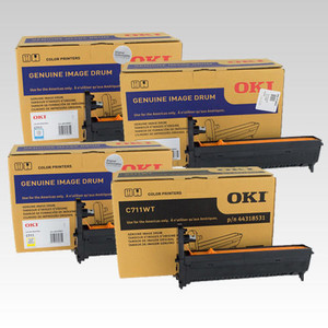 Oki C711 Replacement Image Drums, 32 oz., for cyan, magenta, yellow, and white toners.