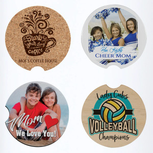 Four different style car coasters lined up