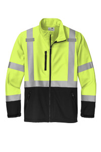 Soft shell jacket with reflective tape, waterproof fabric, and adjustable cuffs for maximum visibility and comfort.