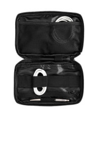 Compact utility case with zipper closure and elastic loops for tech accessories.