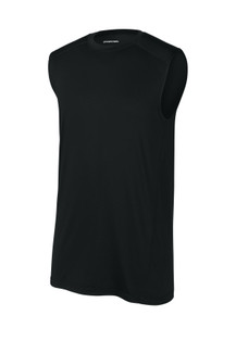 Front view of Sport-Tek PosiCharge Compression Sleeveless Tee in black, showing fitted athletic design and moisture-wicking fabric.