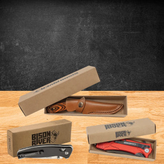 Three assorted folding knives in wood and anodized aluminum styles, displayed side by side to showcase blade and handle differences.
