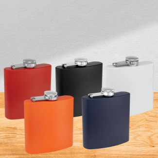 Five color options of 6 oz matte powder coated laserable stainless steel flasks arranged side by side
