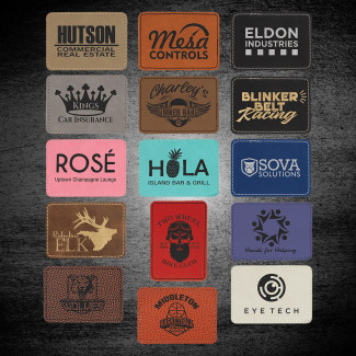 Engraved Rectangle Leatherette Adhesive Patch in multiple colors, compatible with laser and UV printing.
