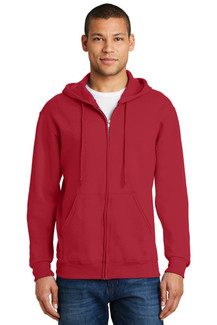 JERZEES NuBlend Full-Zip Hooded Sweatshirt made from 50/50 cotton/poly, featuring pill-resistant fleece for comfort.