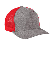Structured mid-profile trucker cap with a stretch fit, featuring poly/PU spandex front and mesh back panels.