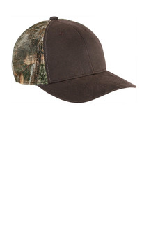 Camouflage cap with pigment print front panels and polyester mesh back for breathability.