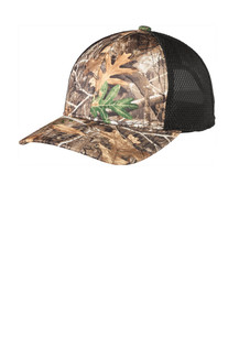 Camouflage snapback cap with moisture-wicking poly/spandex front and breathable mesh back.
