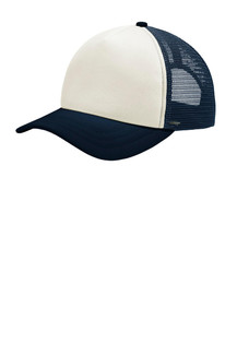 High-profile trucker cap with cotton twill front bonded to foam, featuring polyester mesh mid and back panels.