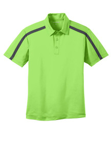 Colorblocked performance polo with bold stripes and moisture-wicking fabric.