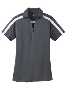 Women's colorblock polo with stripes, 3-button Y-neck, and PosiCharge technology for optimal printability.