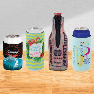 Decorated sublimatable beverage holders with black foam interior, customizable for cans and bottles