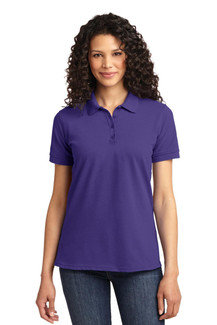 Durable 50/50 cotton/poly pique polo with stain-release finish and feminine fit