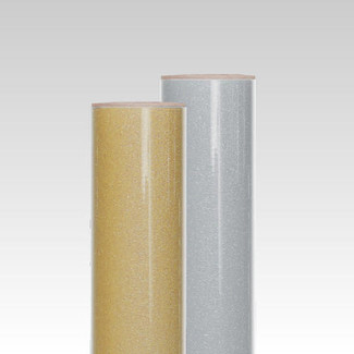 Rolls of GlitterFlex Light HTV featuring a sticky carrier for easy repositioning during application.