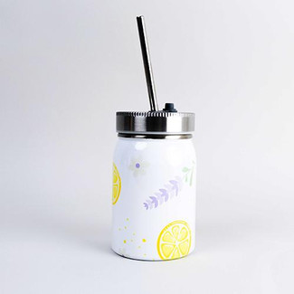 17 oz. stainless steel mason jar with straw, perfect for dye sublimation projects.