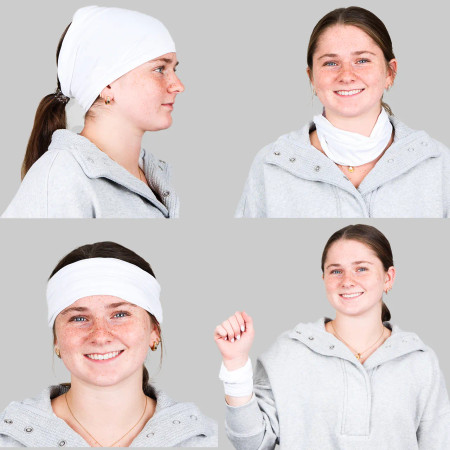 A model wearing the SubliBand showing the different ways to wear it 
