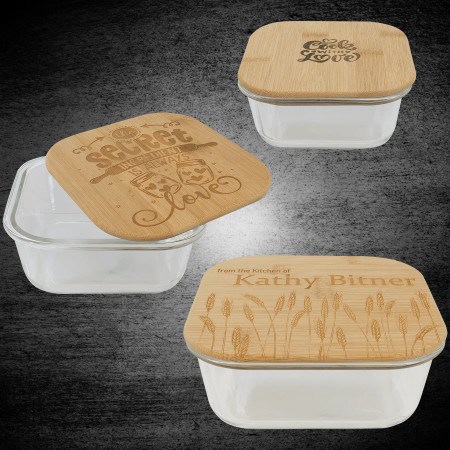 Engraved square glass container with a decorative design etched on the bamboo lid.