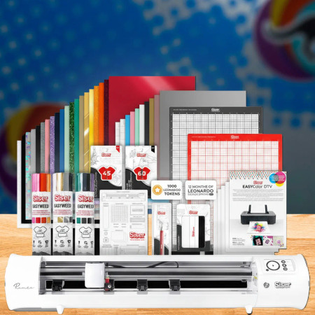 Romeo® Essential Bundle by Siser® including high-definition cutter, EasyWeed® sampler, vinyl sheets, tools, and Leonardo® Pro software.