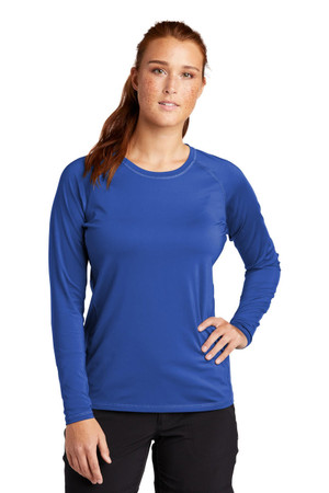 Sport-Tek Ladies Long Sleeve Rashguard Tee with PosiCharge technology and UV protection for water activities.