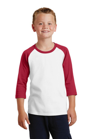 Youth raglan tee with a 50/50 cotton/poly blend, featuring moisture-wicking properties for comfort.