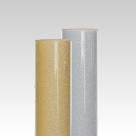 Rolls of GlitterFlex Light HTV featuring a sticky carrier for easy repositioning during application.