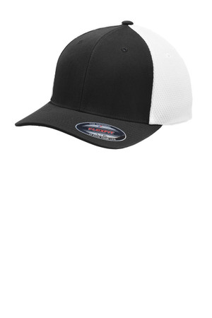 Sport-Tek Flexfit Air Mesh Back Cap with nylon, cotton, spandex front panels and poly-spandex mesh back.